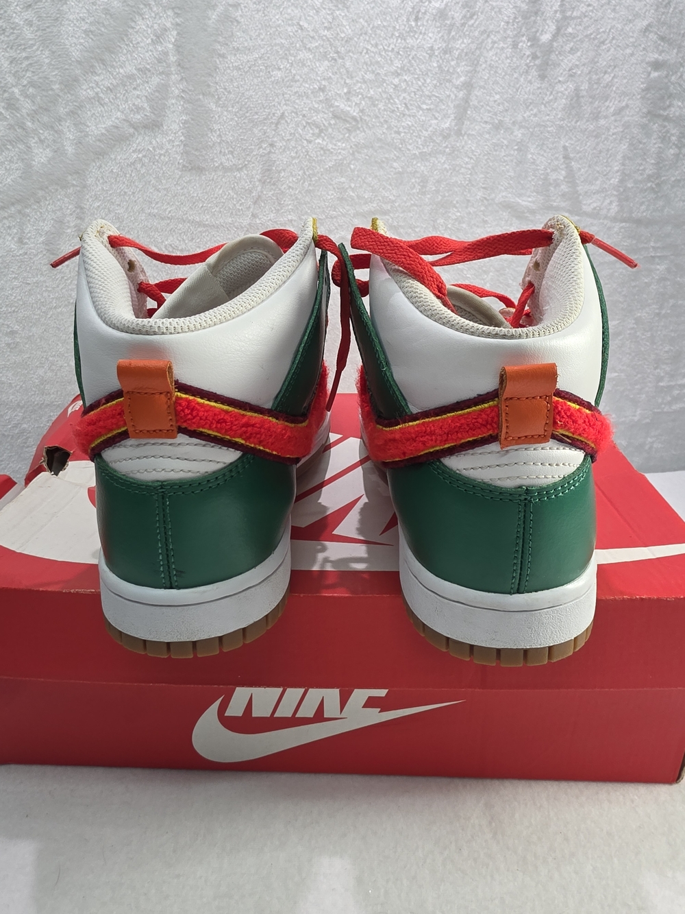 Mens Nike Dunk High Chenille Swoosh Sneakers Green Red Orange Yellow - Picture 6 of 9
